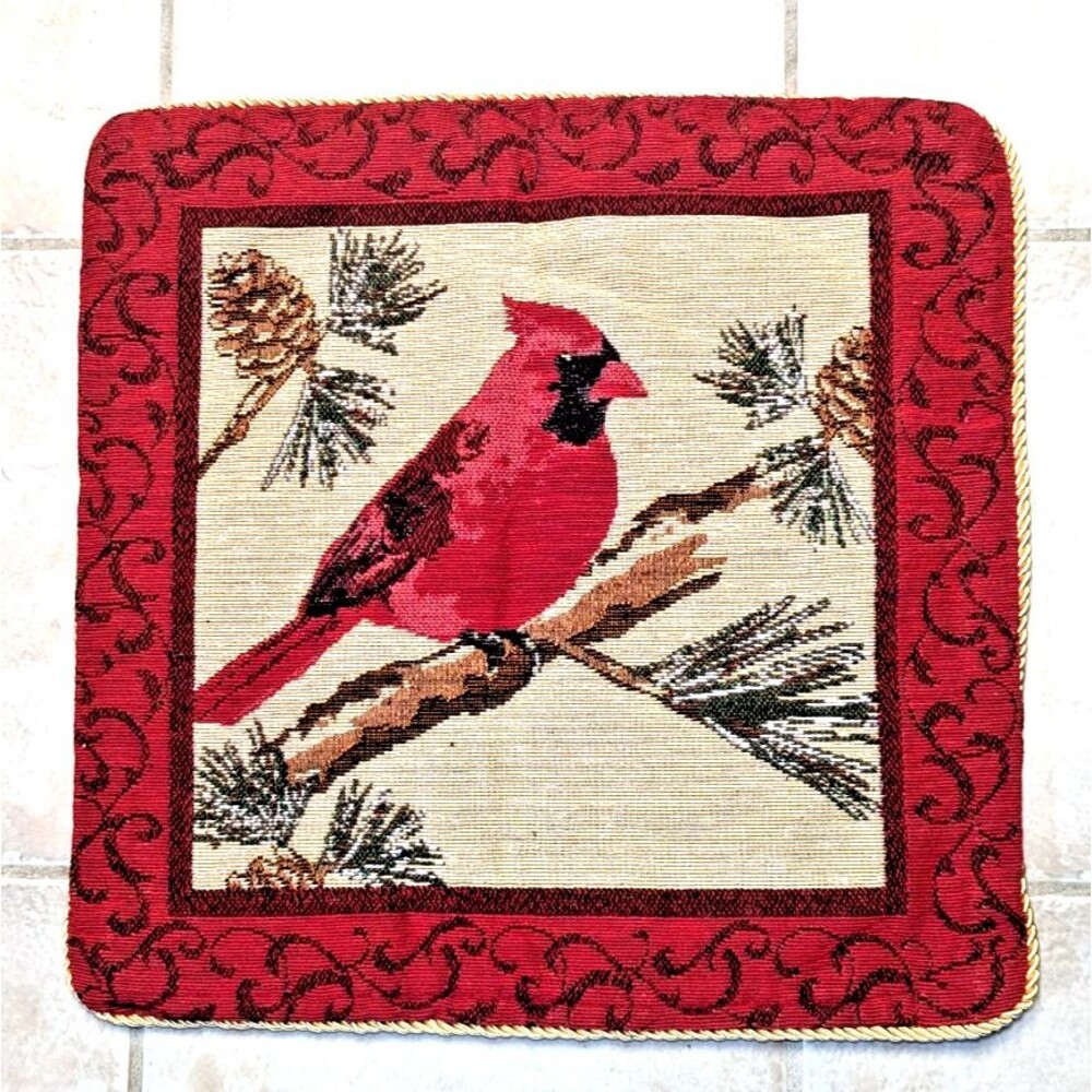 Winter Cardinal Tapestry Pillow Cover Gold Edge Zippered Red Green Tan Gift New